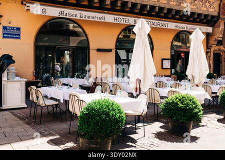 Maison Kammerzell hotel & restaurant terrace on Place de la Cathédrale, Strasbourg, France. Stock Photo