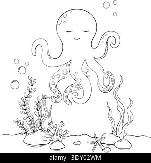 Underwater Animals. Coloring of undersea octopus, shells, algae, corals and bubbles. Underwater animal outline painted in black and white for kids Stock Vector
