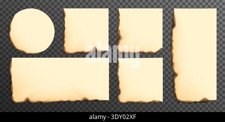 Old paper with burnt corner, fired edge of aged book sheet. Tear texture effect, round heart frame or square page with fiery border. Beige ripped Stock Vector