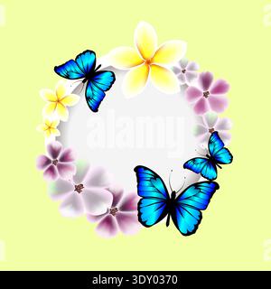 Round frame with pink flowers and butterflies. Hello spring. Hand drawn. Not AI, vector illustration. Stock Vector