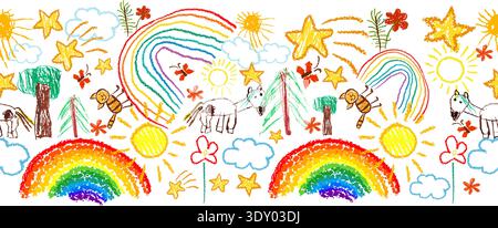 Cute kid doodle pattern. Seamless background with children's drawings. Hand drawn. Not AI, vector illustration. Stock Vector