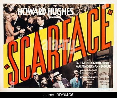 This vintage 1932 lobby card promotes Howard Hughes' crime film "Scarface." It features dramatic typography for the title "SCARFACE," split between a scene of elegantly dressed couples dancing and a group of menacing men in fedoras, highlighting the film's gritty underworld setting. Stock Photo