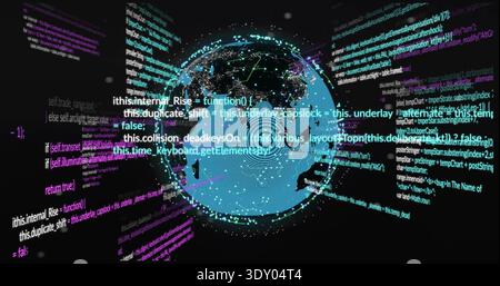 Rotating stylized Earth globe showing neon nodes across virtual panel, with floating code columns Stock Photo