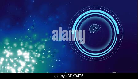 Displaying circular tech HUD showing head profile with neural mesh and glow bokeh, copy space Stock Photo