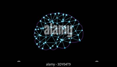 Pulsing brain-shaped network glowing on black background, with cyan-to-violet nodes, lines and halo Stock Photo