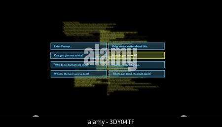 Displaying menu on dark screen with eight cyan-outlined buttons, yellow highlight and blurred code Stock Photo