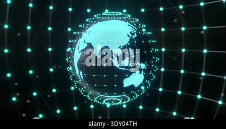 Rotating holographic globe showing wireframe grid in dark void, pulsing teal nodes and lattice Stock Photo