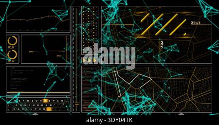 Displaying digital dashboard showing maps, gauges, keys and tiles at console with teal mesh Stock Photo