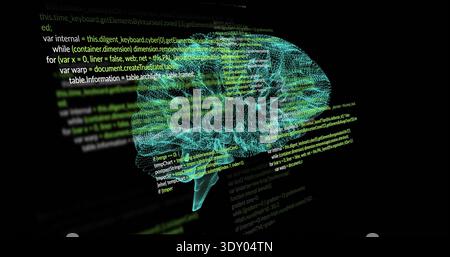 Glowing neon 3D wireframe brain pulsing in virtual void, showing green code and glowing nodes Stock Photo