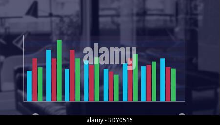 Displaying multicolor vertical bar chart covering blurred office lounge with sofa, grid lines Stock Photo