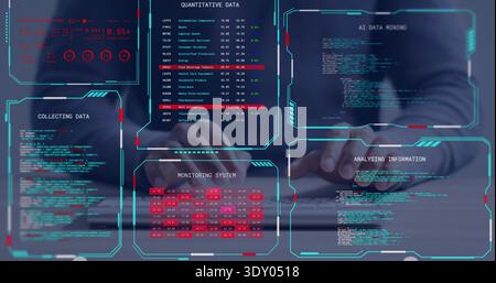 Typing man wearing dark jacket and light shirt analyzing code at desk, laptop keyboard HUD overlays Stock Photo