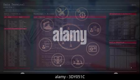 Displaying translucent data terminal interface at workstation, with circular network diagram Stock Photo