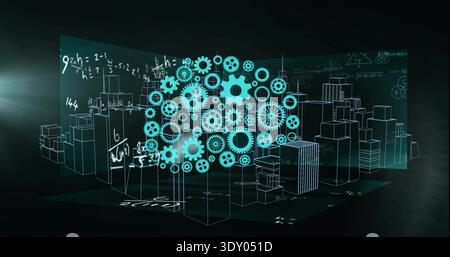 Floating teal gear-brain hologram hovering above grid floor, with three panels and wireframe blocks Stock Photo