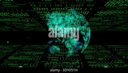 Rotating turquoise wireframe globe emitting cyan glow in cyberspace, with green binary grid Stock Photo