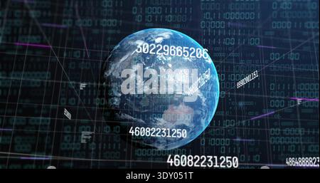 Rotating 3D globe showing clouded continents in data grid, overlaying numeric IDs, binary, neon Stock Photo