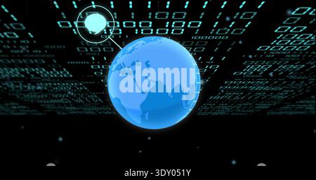 Glowing blue globe hovering in virtual cyberspace, connecting with binary streams and HUD node Stock Photo