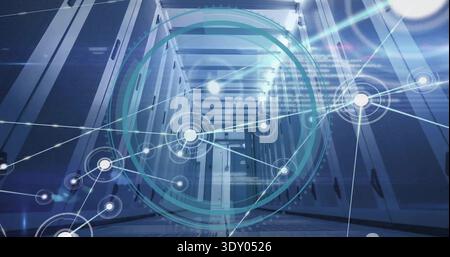 Displaying central server aisle with network overlay in data center, raised floor and cable trays Stock Photo