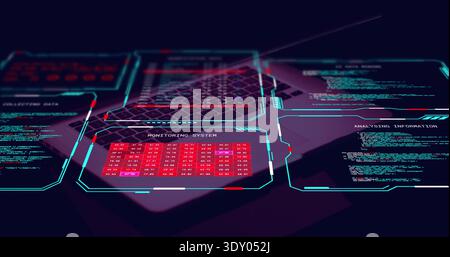 Projecting holographic panels pulsing over low-lit workstation, showing monitoring system grid Stock Photo