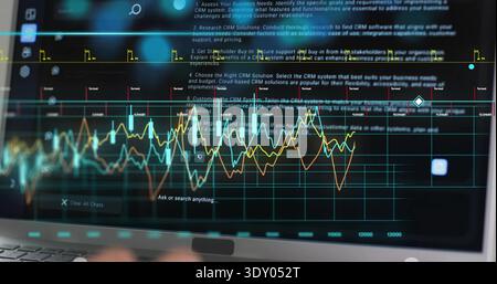 Showing laptop screen displaying dark analytics dashboard on desk, revealing colored line charts Stock Photo