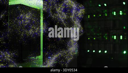 Swirling luminous particle cloud moving across tech interior, passing lit green panel and LED rack Stock Photo