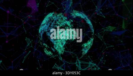 Pulsing neon wireframe globe tracing land outlines connecting nodes in virtual network, with mesh Stock Photo