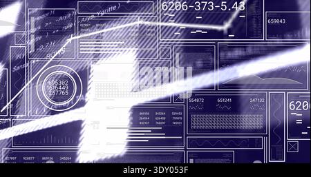 Displaying layered HUD on virtual screen, showing circular gauge, waveform plots, light streak Stock Photo