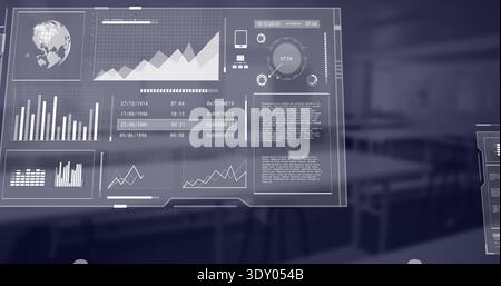 Displaying holographic data panels floating in office, showing bar and line charts, hex strings Stock Photo