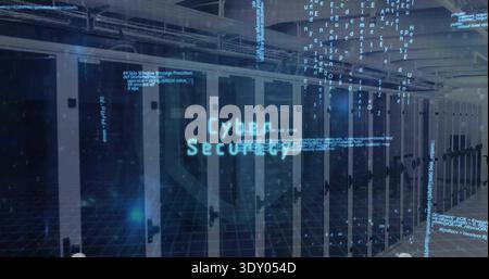 Framing centered server racks glowing with LED lights in datacenter aisle, hologram Cyber Security Stock Photo