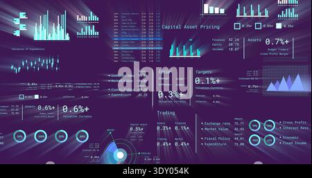Displaying financial dashboard showing bar charts, candles, radial rings and tables on monitor Stock Photo