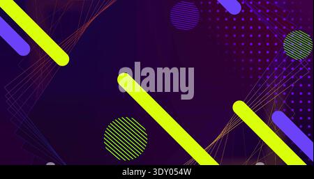Crossing central neon bar cutting purple gradient with violet bars wireframe lines striped discs Stock Photo