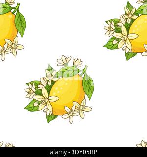 Seamless pattern with bright yellow lemons, green leaves, and delicate white citrus blossoms Stock Vector