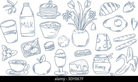 Set hand drawn whimsical breakfast themed illustrations. Sandwich, eggs, omelet, milk, coffee, tea, honey, fruits, berries. Clip art in doodle sketch Stock Vector