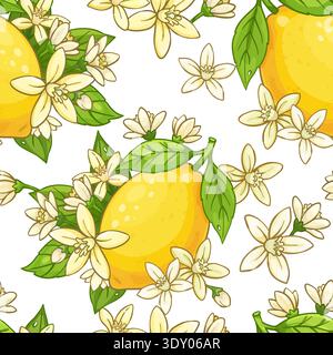 Cartoon Seamless pattern of a whole bright yellow lemon on a branch with green leaves and white citrus blossoms. Stock Vector