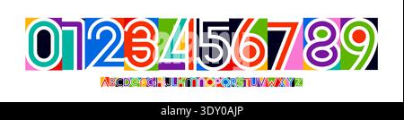 Color Numbers Letters Alphabet Font for Kid Birthday Years Logo, Corporate Anniversary Sign, Race Sport Team Jersey Numeric. Colorful Cutout Paper Stock Vector