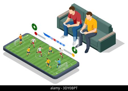 Isometric living room interior with two man play football video game on television. Sofa, console and screen show soccer match simulation. Sports Stock Vector