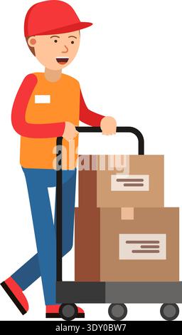 Storage worker push warehouse trolley with paper boxes Stock Vector
