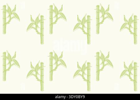 Hand drawn bamboo stick pattern. Eco-minimalism with delicate green bamboo shoots. A light green pattern of bamboo stems and leaves on cream background. Vector illustration Stock Vector