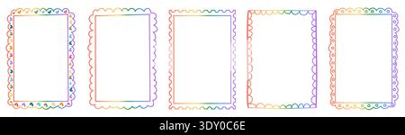 Set of retro whimsical rainbow gradient frames with hand-drawn scalloped and stamp edges. Playful multicolored borders with doodle squiggles and Stock Vector