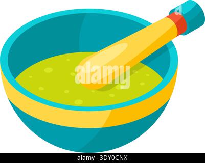 Green medical mixture in mortar with wooden pestle preparation Stock Vector