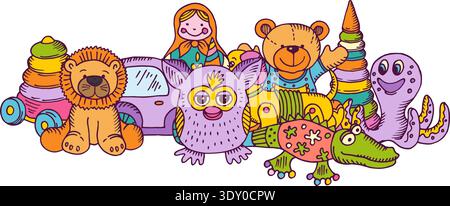 Toy pile hand drawn sketch. Color kid game Stock Vector