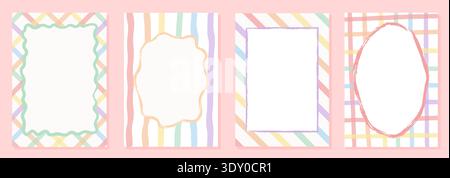 Pastel rainbow pride card and frame set. Retro hand-drawn striped and checkered borders with blank copy space. Cute whimsical labels for invitations Stock Vector