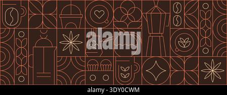 Abstract geometric coffee pattern in minimalist style. Vector seamless background with hand drawn line art beans, drink cups, hot teapot, plant leaves, muffins, bauhaus outline elements for cafe menu Stock Vector