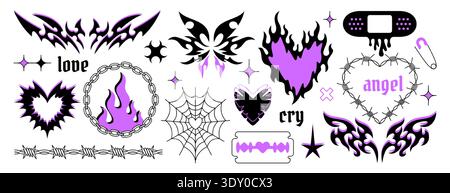Y2k gothic tattoo set. Neo tribal elements, goth butterfly sticker, flaming heart, barbed wire, blade, s spider web and punk rock chains. Hand drawn neotribal cyber sigilism icons in trendy emo style Stock Vector