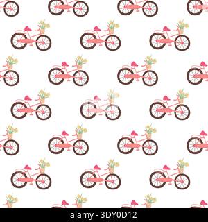 Bicycle seamless pattern vector. Cute flat bike with flower basket illustration. Spring repeat background for fabric, textile and wallpaper design. Stock Vector