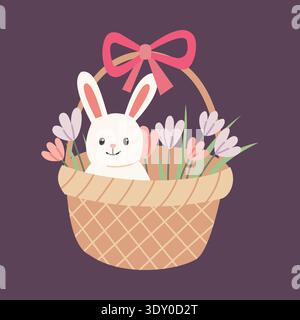 Easter bunny in basket vector illustration. Cute flat rabbit with spring flower decoration. Holiday element for greeting card, nursery decor and Stock Vector