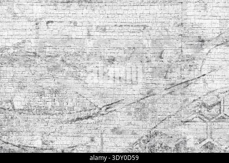 White painted messy stone block wall texture. Whitewashed dirty rough masonry grunge background. Light gray grungy textured backdrop Stock Photo
