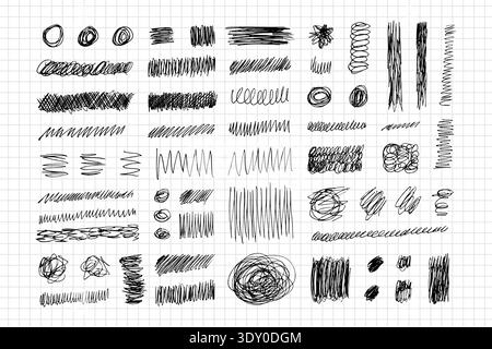 Messy pen scratch set with hand drawn scribbles, lines, circles and chaotic marks, abstract doodle collection for notes, sketches, textures, backgrounds, creative design elements and illustration Stock Vector