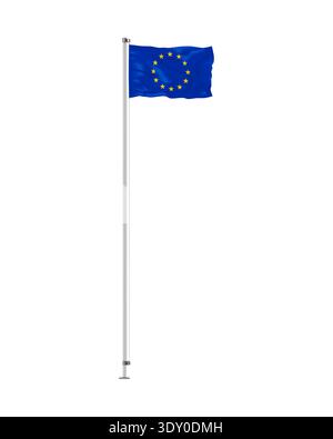 Flying flag of Europe vector illustration. Waving European Union flag on metal pole isolated on white background Stock Vector