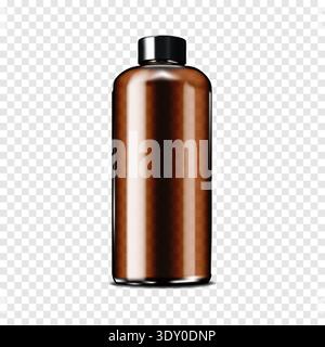 Blank dark brown clear glass or plastic bottle with black screw cap on transparent background realistic mock-up. Liquid product large container Stock Vector