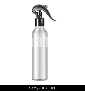 Blank silver gray opaque spray bottle isolated realistic mockup. Cosmetic product white spraying container vector mock-up. Trigger pump sprayer Stock Vector